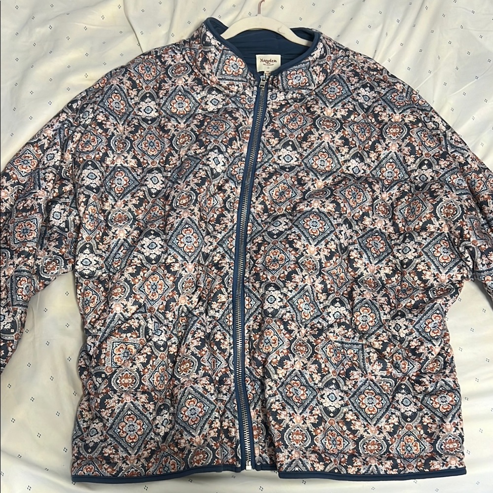 Hayden Blue and Orange Bomber Jacket with Stand-Up Collar and Full-Length Zipper